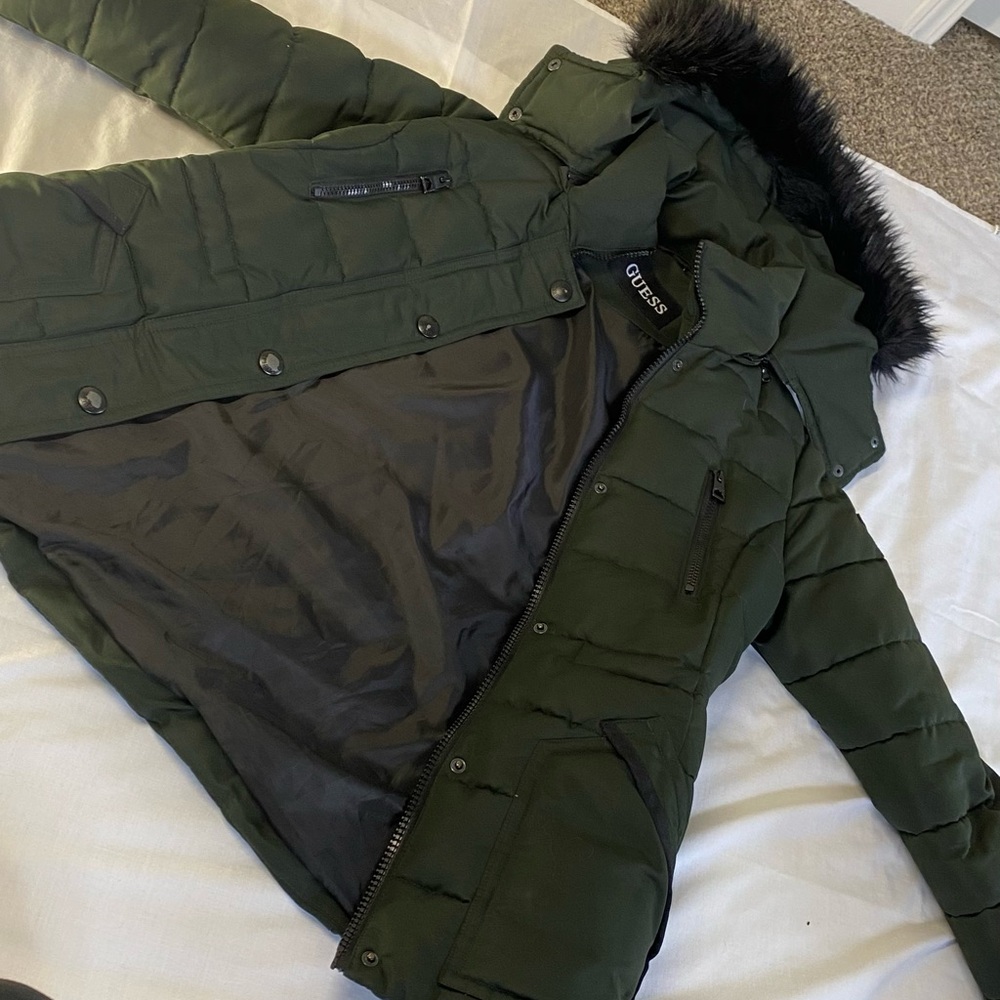 GUESS Olive Green Women's Puffer Jacket with Faux Fur Trim